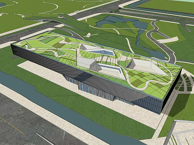 Modern Museum Building with Green Vegetated Roof Architectural Design Surrounded by Water and Green Spaces 3d model