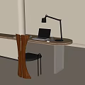 Modern Desk Setup With Open Laptop Black Desk Lamp Mug Wooden Chair And Transparent Legs
