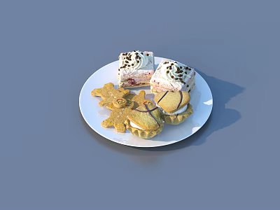 Assorted Cream Cakes with Chocolate Sprinkles Star Shaped Cookie and Round Pastry on White Plate 3d model