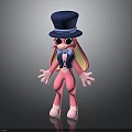 Pink Rabbit Character With Large Eyes Blue Top Hat And Vest Standing In Black Background