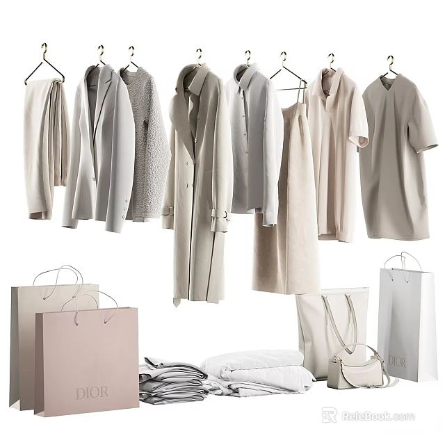 Stylish Neutral Toned Hanging Clothes With Coats Dresses Shirts And Shopping Bags 3d model 