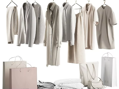 Stylish Neutral Toned Hanging Clothes With Coats Dresses Shirts And Shopping Bags 3d model