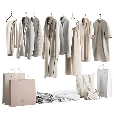 Stylish Neutral Toned Hanging Clothes With Coats Dresses Shirts And Shopping Bags 3d model
