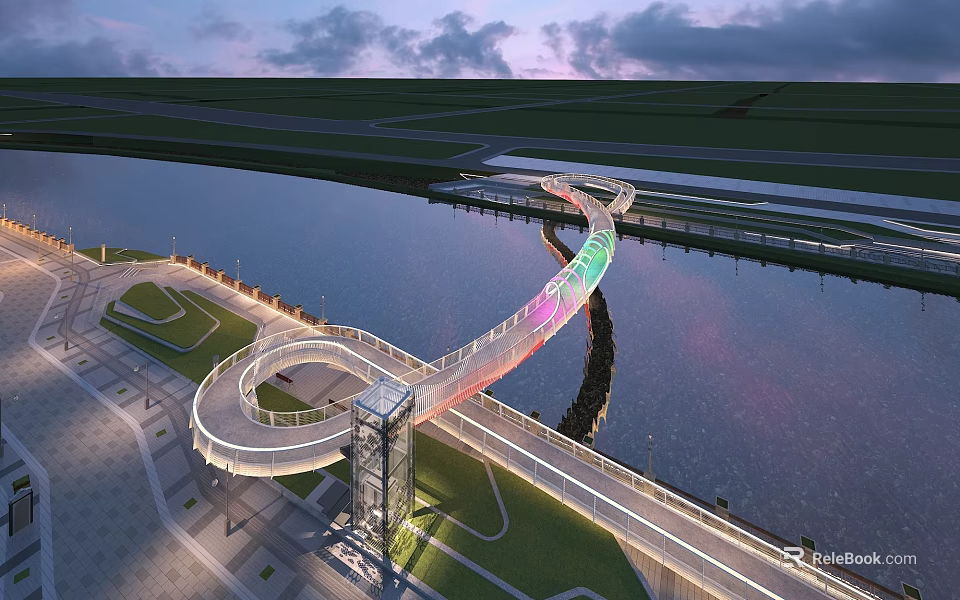 Modern Glass Bridge With Rainbow Lights Over River in Evening View Design 3d model 