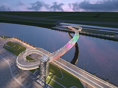 Modern Glass Bridge With Rainbow Lights Over River in Evening View Design 3d model
