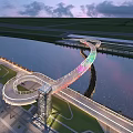 Modern Glass Bridge With Rainbow Lights Over River in Evening View Design