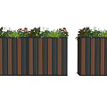Garden Landscape With Wooden Striped Planters And Colorful Plants Red Flowers