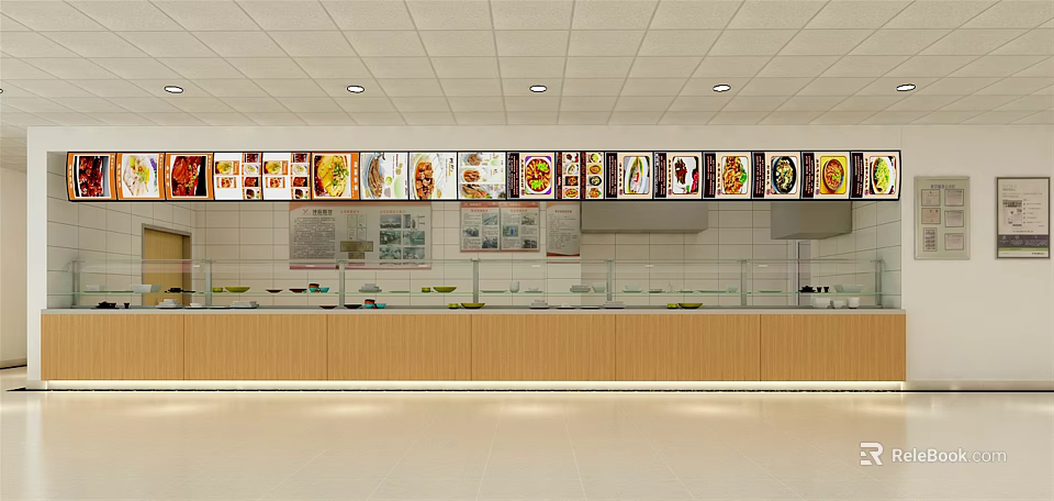 Food Display Shelves With Glass Cases Wooden Base And Overhead Menu 3d model 