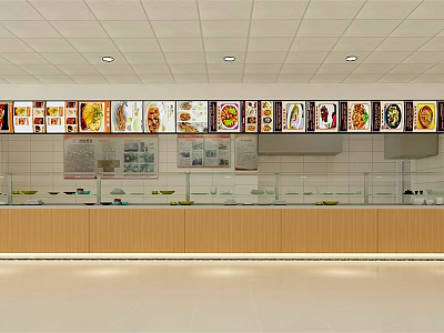 Food Display Shelves With Glass Cases Wooden Base And Overhead Menu 3d model