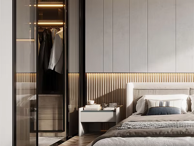 Modern Bedroom With Glass Door Wardrobe Vertical Striped Bedhead Wall Lighting Nightstand And Books 3d model