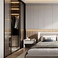 Modern Bedroom With Glass Door Wardrobe Vertical Striped Bedhead Wall Lighting Nightstand And Books