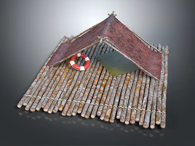 Wooden Boat Bamboo Raft Structure With Red Lifebuoy And Rustic Roof 3d model