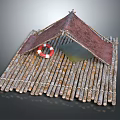 Wooden Boat Bamboo Raft Structure With Red Lifebuoy And Rustic Roof