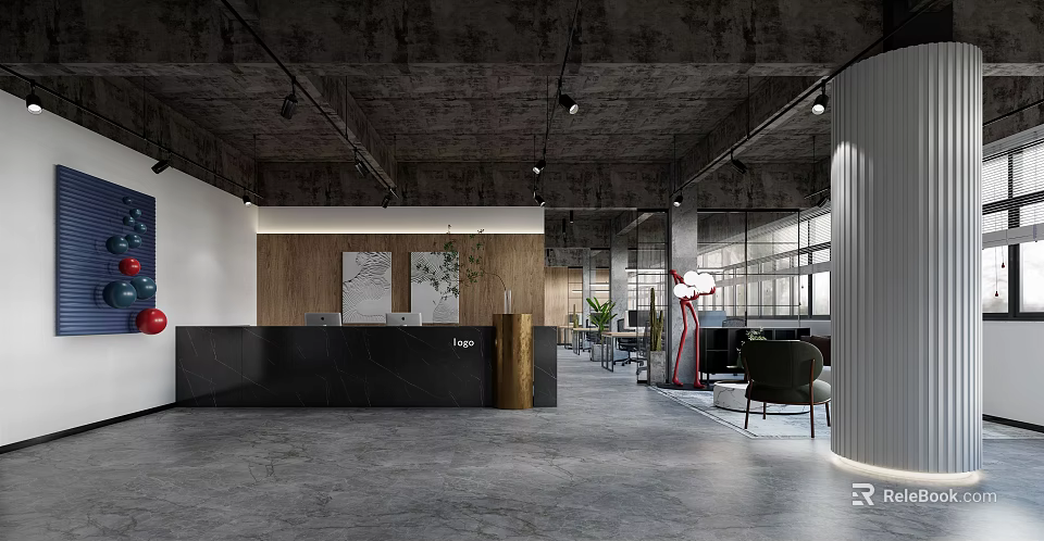Modern Industrial Office Front Desk Reception With Black Counter Wooden Wall And Large Windows 3d model 