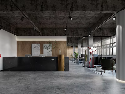 Modern Industrial Office Front Desk Reception With Black Counter Wooden Wall And Large Windows 3d model