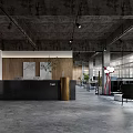 Modern Industrial Office Front Desk Reception With Black Counter Wooden Wall And Large Windows