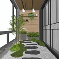 Home Balcony Natural Design With Perforated Wood Panel Green Plants Stone Stepping Path Moss Pebbles