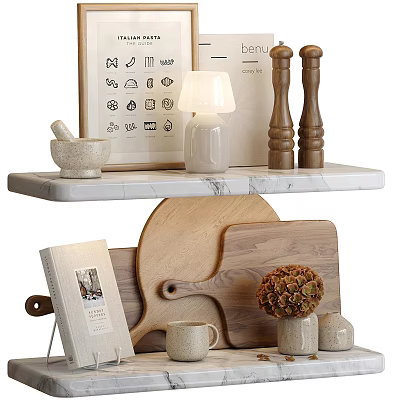 Decorative Ornament Set With Marble Shelf Table Lamp Mortar And Wooden Cutting Boards 3d model