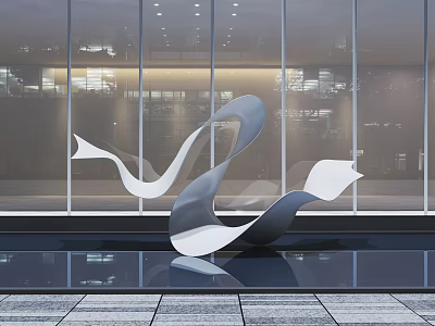 Sleek Metallic Sculpture With Flowing Curved Design In Indoor Lobby With Water Pool Reflection 3d model