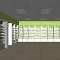 Bright Green Walled Pharmacy Store With Medicine Shelves And Prescription Area