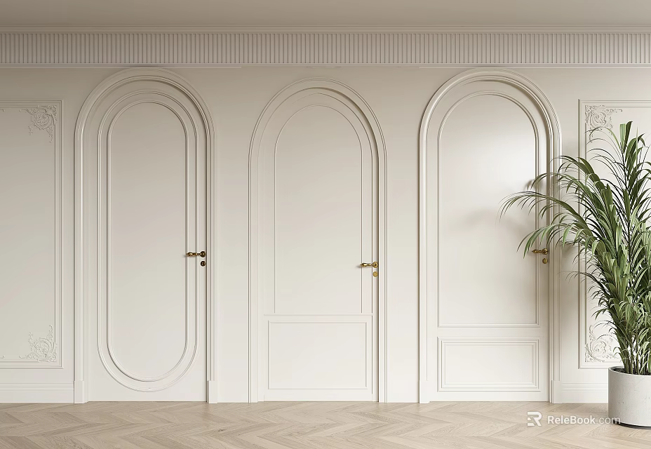 Three White Hinged Doors With Golden Handles On Decorative Walls And Herringbone Floor 3d model 