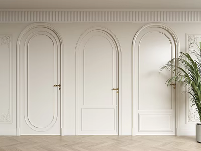 Three White Hinged Doors With Golden Handles On Decorative Walls And Herringbone Floor 3d model