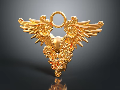 Gold Winged Jewelry Pendant With Intricate Carvings And Decorative Gemstone Accents 3d model