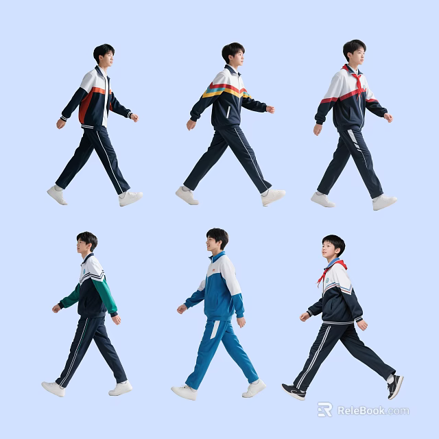 Group of Students Walking in Colorful School Uniforms with Dynamic Poses 3d model 