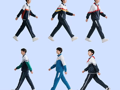 Group of Students Walking in Colorful School Uniforms with Dynamic Poses 3d model