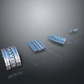 Modern Landscape With Blue Wavy Structures In Geometric Arrangement On Gray Background With Reflections