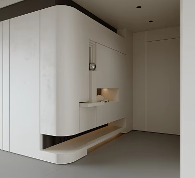 Modern Minimalist Entryway Hallway Interior Design With White Storage Cabinets And Built in Lighting 3d model