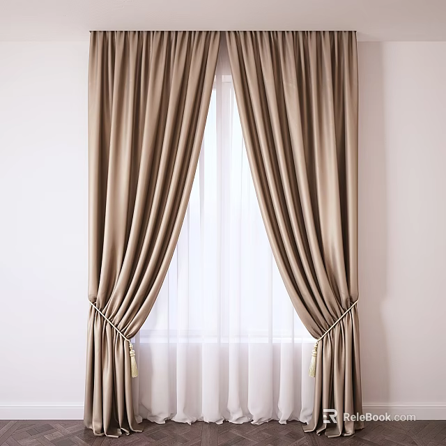 Elegant Beige Curtains With White Sheer Layers And Tassel Side Ties For Modern Home Windows 3d model 