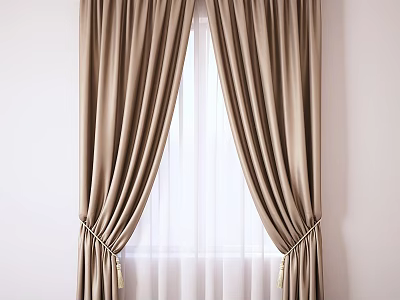 Elegant Beige Curtains With White Sheer Layers And Tassel Side Ties For Modern Home Windows 3d model
