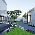 Modern Sales Office Building Exterior Design With Glass Door Entrance And Surrounding Trees