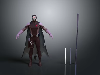 3D Character Model In Brown Costume With Purple Gloves Mask Cape And Staffs 3d model