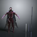 3D Character Model In Brown Costume With Purple Gloves Mask Cape And Staffs