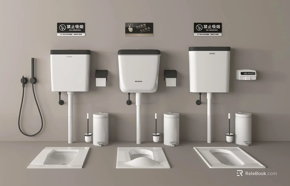 Three White Squat Toilets With Water Tanks Accessories Including Toilet Brushes And Brand Logos 3d model 