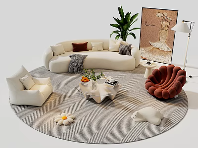 Modern White Sofa Coffee Table Set With Pillows Armchair Decorative Painting And Green Plant 3d model