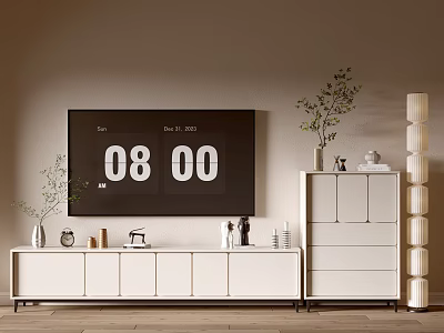 Modern Minimalist Console Cabinet And Sideboard With Decorative Plants Vases And Digital Clock 3d model