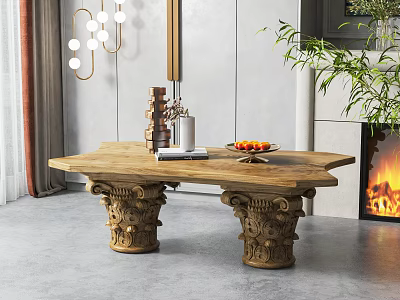 Wooden Coffee Table With Carved Legs Decorated With Fruit Bowl And Books Near Fireplace Plant 3d model