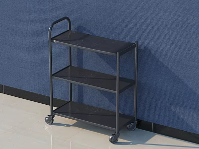 Sturdy Black Three Tier Display Shelf With Wheels Against Blue Wall 3d model