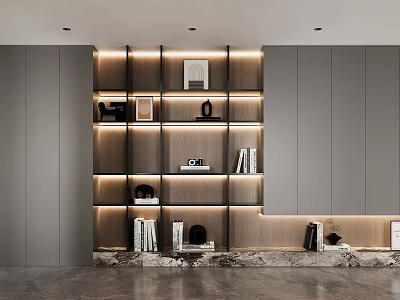 Modern Wine Cabinet Design With Wooden Shelves Built in Lighting Books And Decorations 3d model