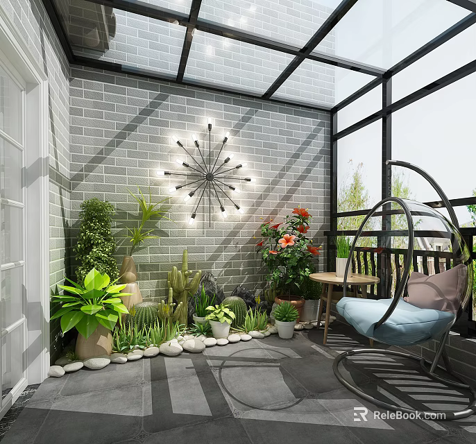 Cozy Home Balcony With Glass Roof Brick Wall Star Shaped Lamp Green Plants And Hanging Chair 3d model 