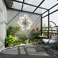 Cozy Home Balcony With Glass Roof Brick Wall Star Shaped Lamp Green Plants And Hanging Chair