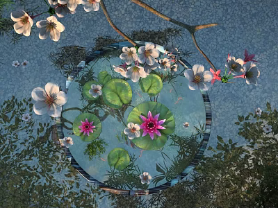 Serene Garden Landscape With Lily Pads Lotus Flowers White Blossoms And Branches On Water Surface 3d model