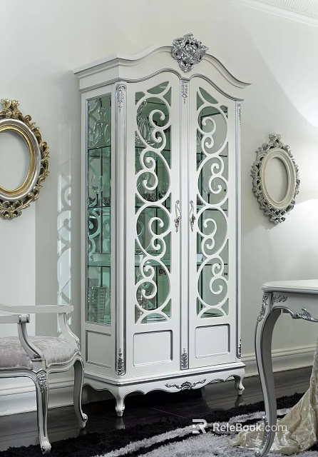 Elegant White Carved Wine Cabinet With Glass Doors And Decorative Mirrors In Classic Interior Design 3d model 