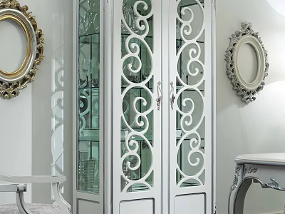 Elegant White Carved Wine Cabinet With Glass Doors And Decorative Mirrors In Classic Interior Design 3d model