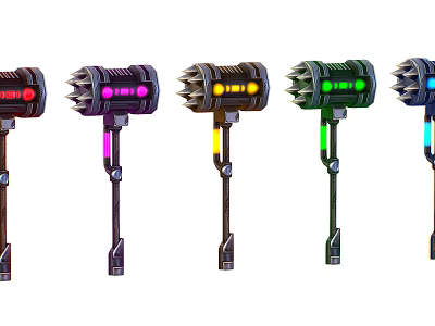 Colorful Spiked Hammers With Red Purple Yellow Green Blue Lights And Metallic Handles 3d model