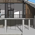 Modern Building Exterior Featuring Wooden Grille Glass Walls Columns Trees And Staircase