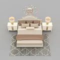 Elegant Double Bed with Decorative Mirror Bedside Tables and Table Lamps on Patterned Rug 3d model